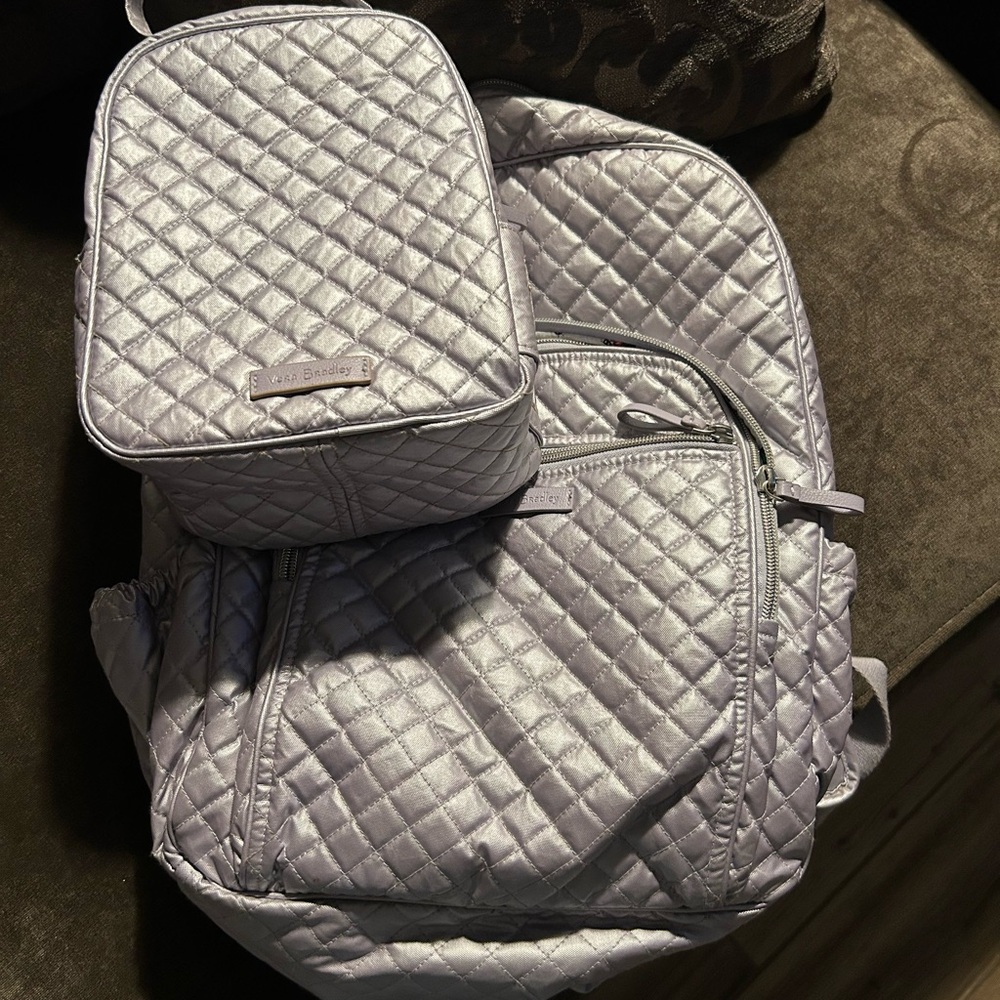 Vera Bradley Silver Quilted Backpack and Lunch Bag Set